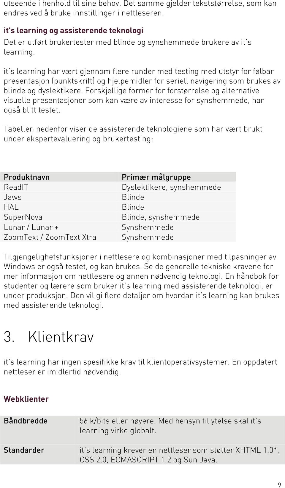 it s learning har vært gjennom flere runder med testing med utstyr for følbar presentasjon (punktskrift) og hjelpemidler for seriell navigering som brukes av blinde og dyslektikere.