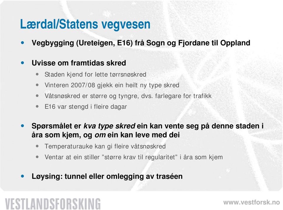 farlegare for trafikk E16 var stengd i fleire dagar Spørsmålet er kva type skred ein kan vente seg på denne staden i åra som kjem, og