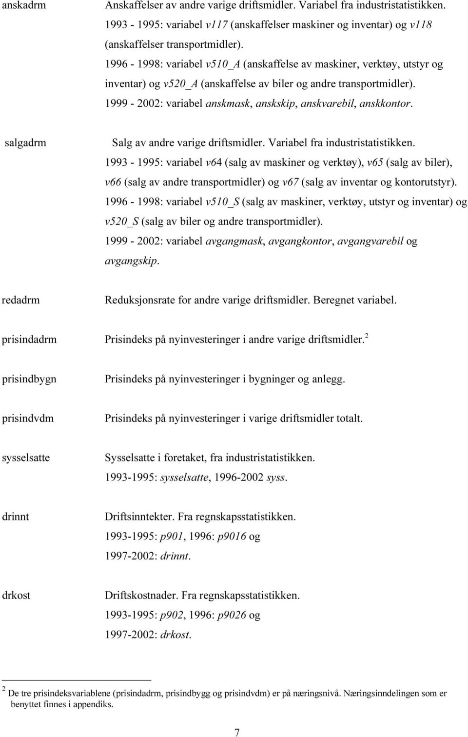 1999-2002: variabel anskmask, anskskip, anskvarebil, anskkontor. salgadrm Salg av andre varige driftsmidler. Variabel fra industristatistikken.