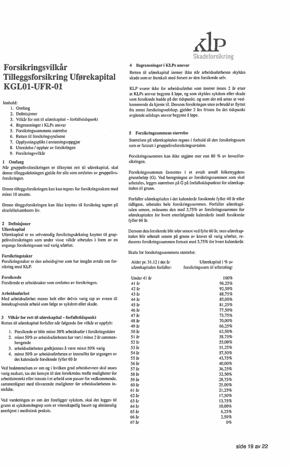 KGLO1UFRO1 KLP svarer ikke for arbeidsuførltet som inntrcr innen 2 år etter at KLPs ansvar begynte å løpe, og som skyldes sykdom eller skade som forsikrede hadde på det tidspunkt, og som det mâ antas