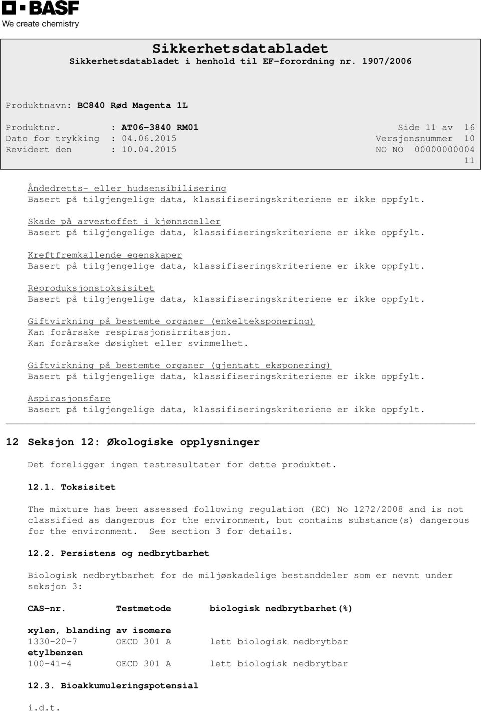 Kreftfremkallende egenskaper Basert på tilgjengelige data, klassifiseringskriteriene er ikke oppfylt. Reproduksjonstoksisitet Basert på tilgjengelige data, klassifiseringskriteriene er ikke oppfylt.