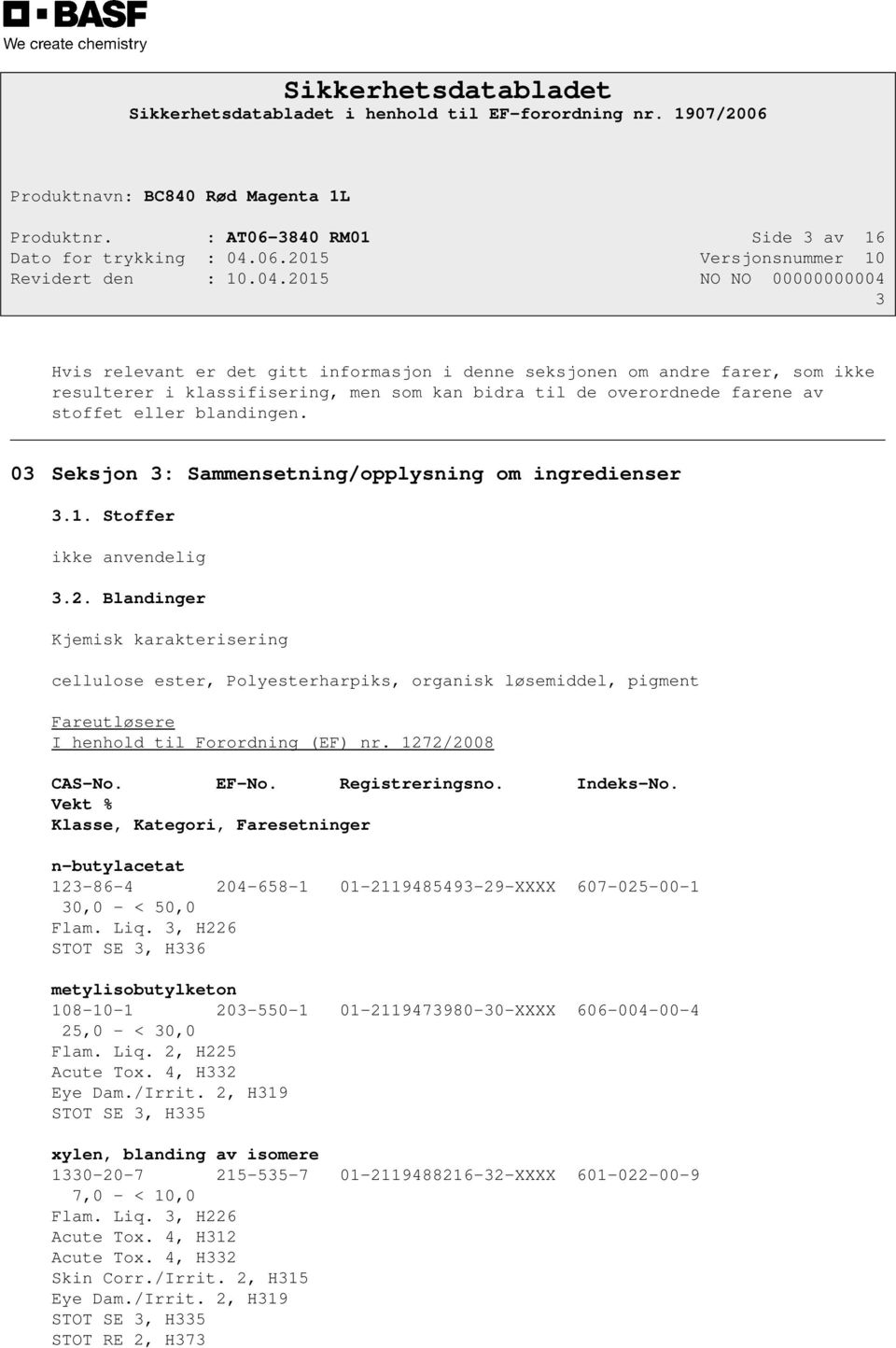 eller blandingen. 03 Seksjon 3: Sammensetning/opplysning om ingredienser 3.1. Stoffer ikke anvendelig 3.2.