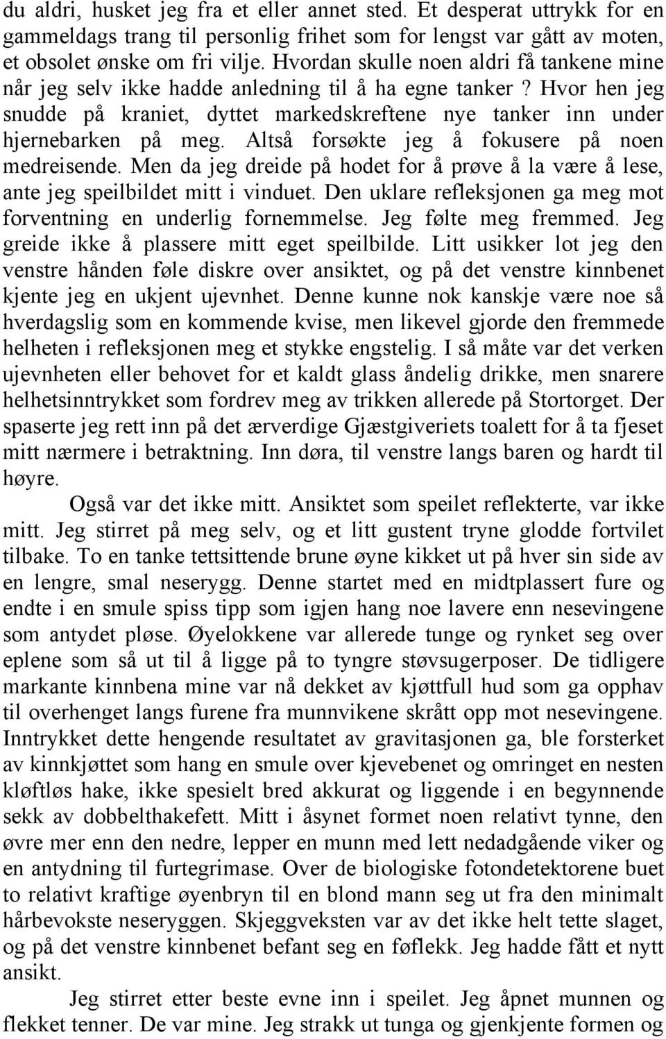 Altså forsøkte jeg å fokusere på noen medreisende. Men da jeg dreide på hodet for å prøve å la være å lese, ante jeg speilbildet mitt i vinduet.