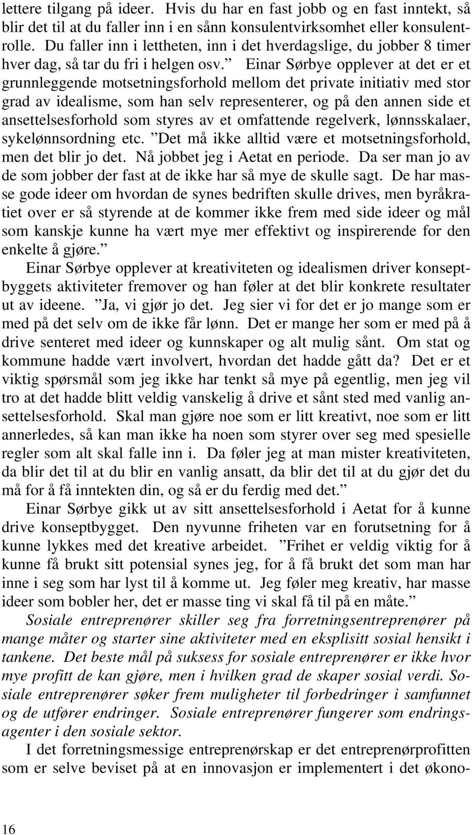 Einar Sørbye opplever at det er et grunnleggende motsetningsforhold mellom det private initiativ med stor grad av idealisme, som han selv representerer, og på den annen side et ansettelsesforhold som