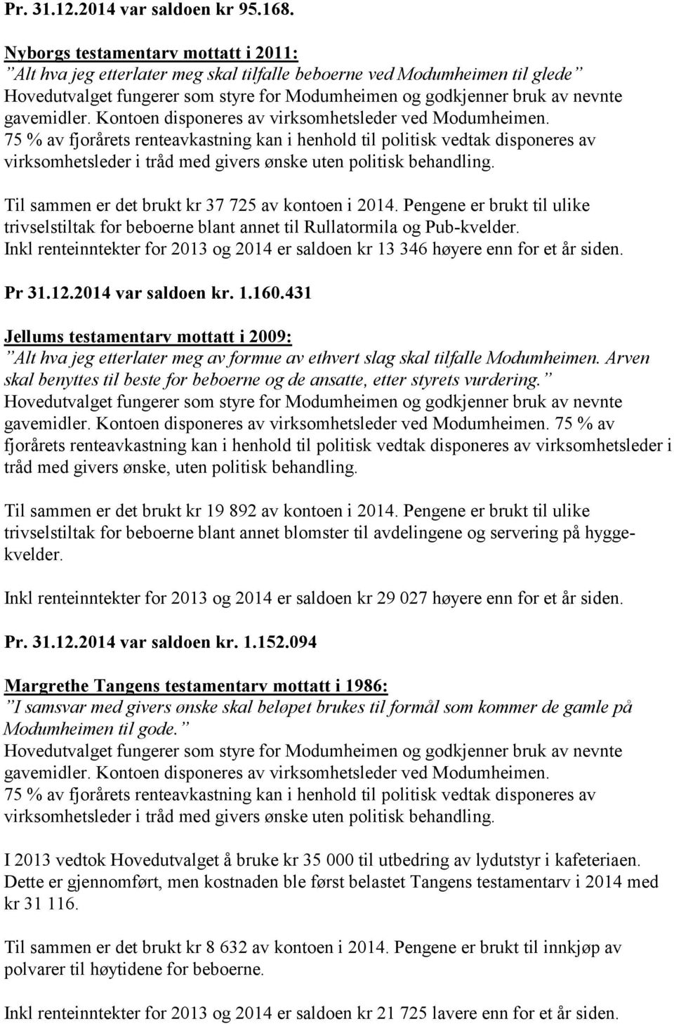 virksomhetsleder i tråd med givers ønske uten politisk behandling. Til sammen er det brukt kr 37 725 av kontoen i 2014.