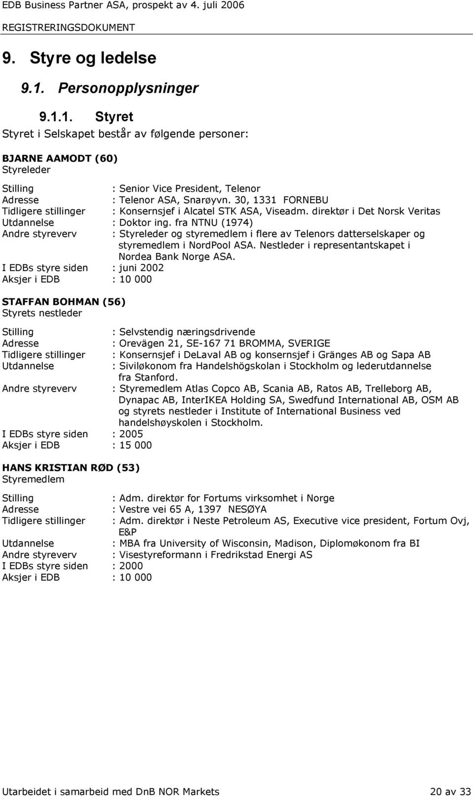 fra NTNU (1974) Andre styreverv : Styreleder og styremedlem i flere av Telenors datterselskaper og styremedlem i NordPool ASA. Nestleder i representantskapet i Nordea Bank Norge ASA.