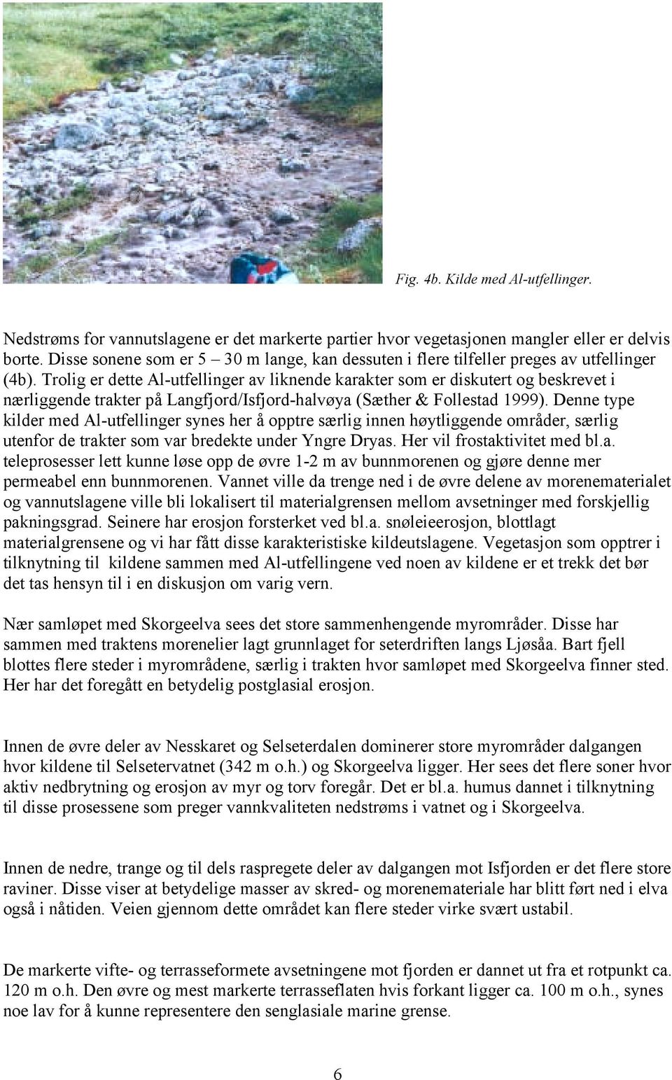 Trolig er dette Al-utfellinger av liknende karakter som er diskutert og beskrevet i nærliggende trakter på Langfjord/Isfjord-halvøya (Sæther & Follestad 1999).