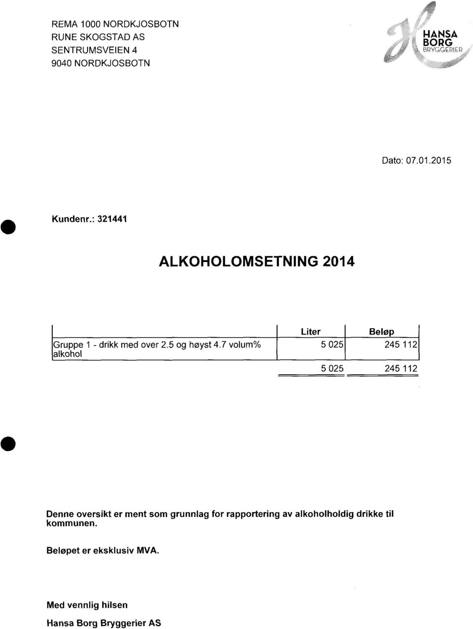 7 volum% alkohol Liter Beløp 5 025 245 112 5 025 245 112 Denne oversikt er ment som grunnlag for