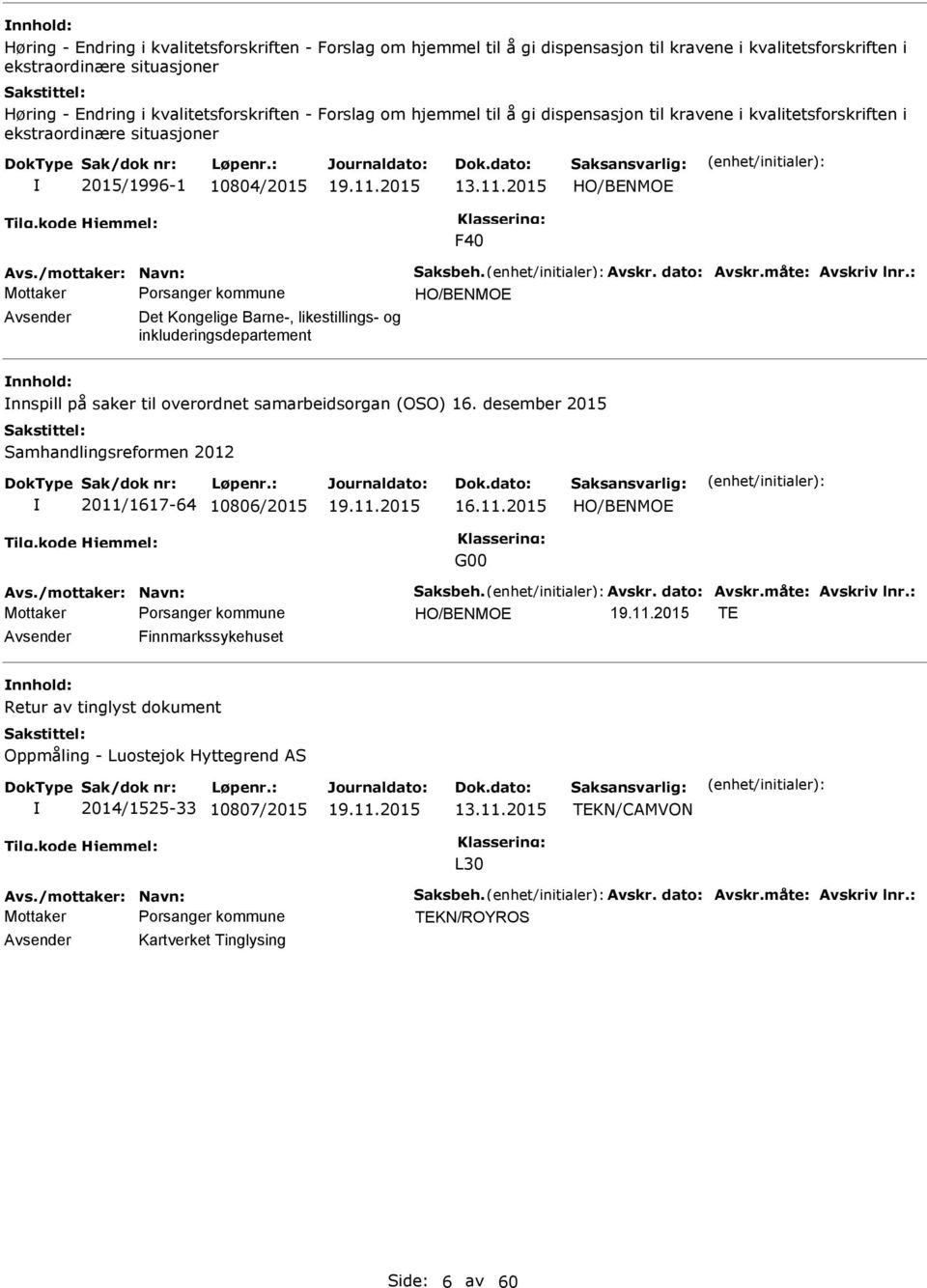 2015 HO/BENMOE F40 HO/BENMOE Avsender Det Kongelige Barne-, likestillings- og inkluderingsdepartement nnhold: nnspill på saker til overordnet samarbeidsorgan (OSO) 16.