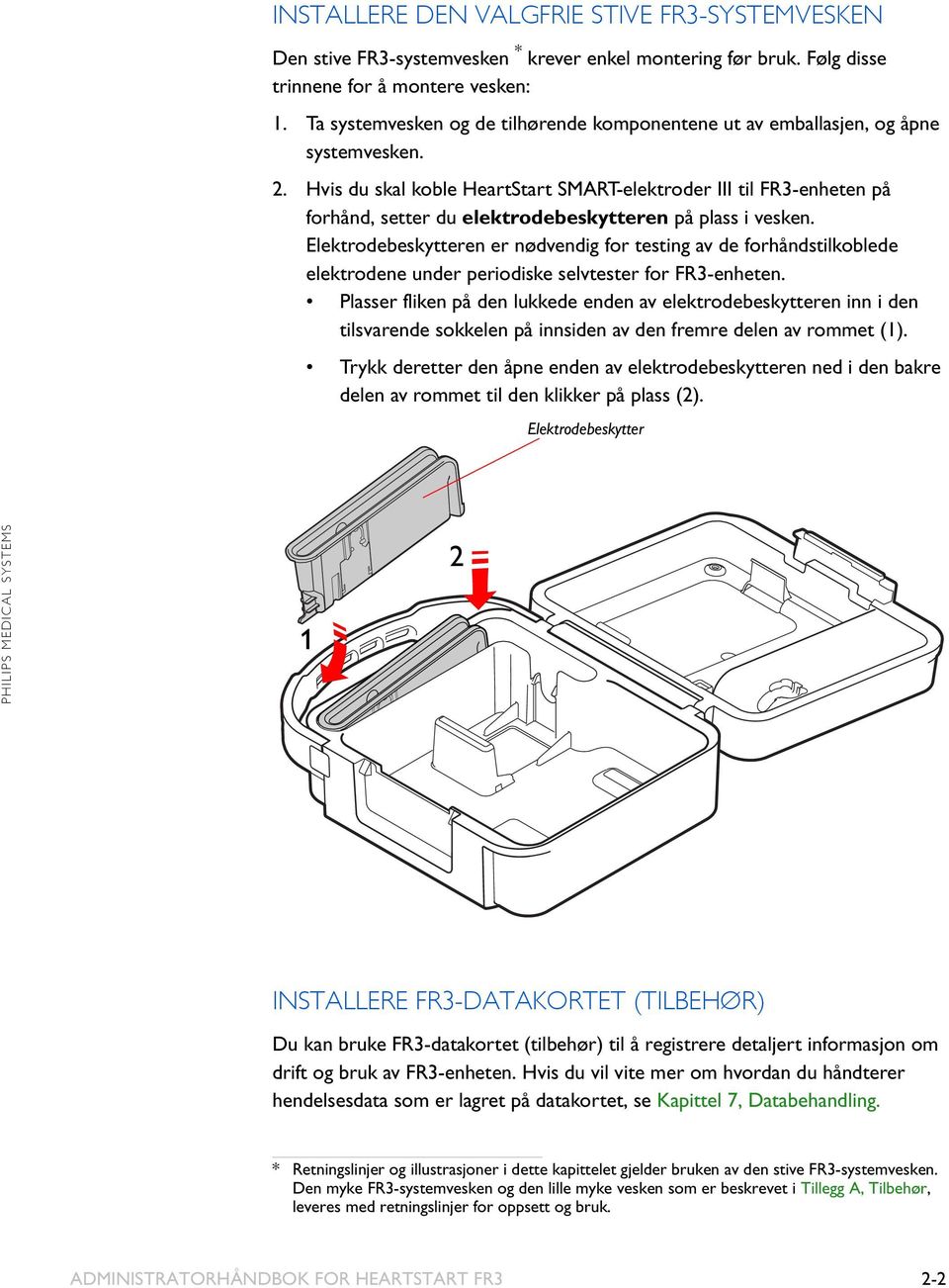 Hvis du skal koble HeartStart SMART-elektroder III til FR3-enheten på forhånd, setter du elektrodebeskytteren på plass i vesken.