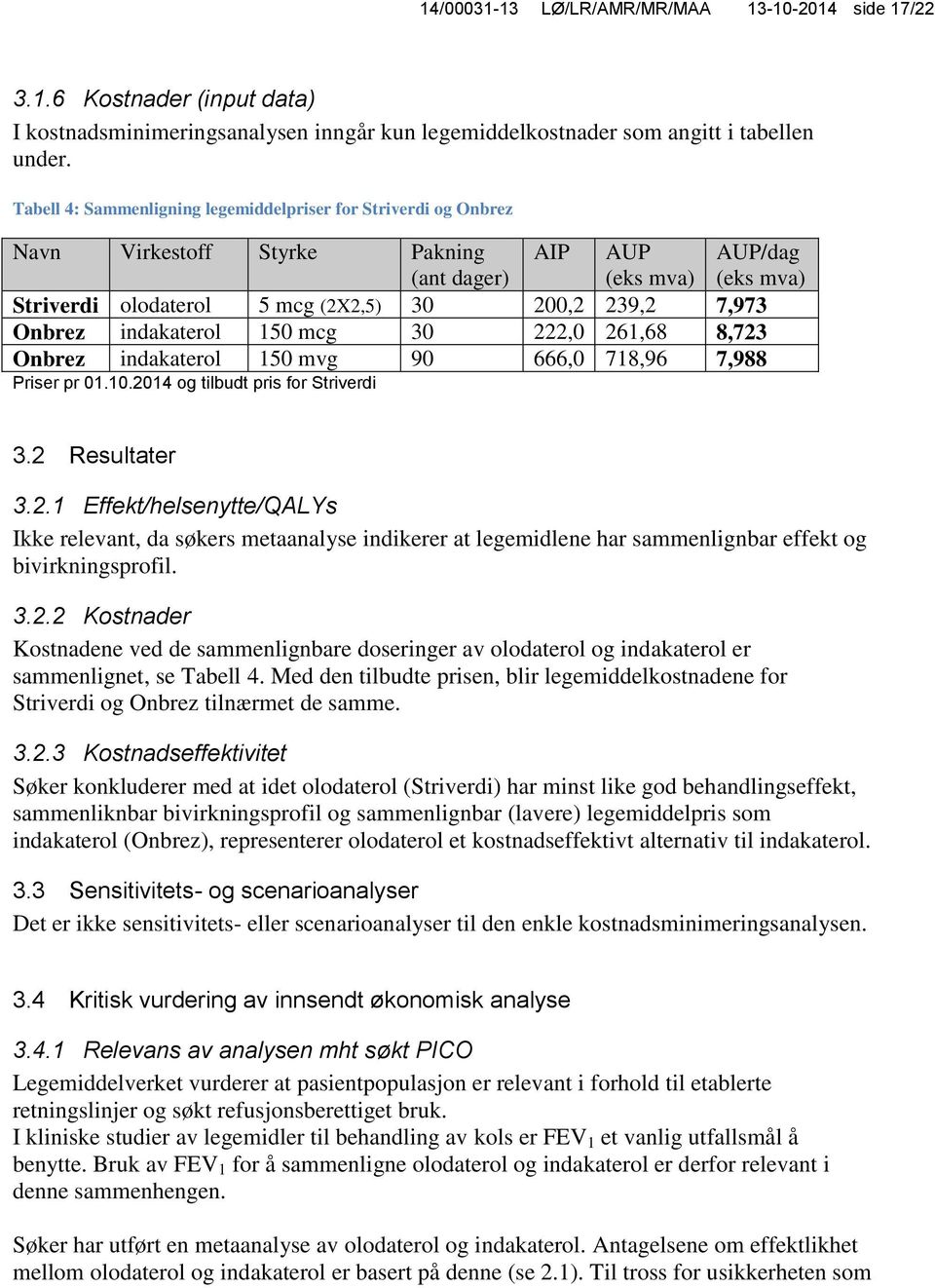 Onbrez indakaterol 150 mcg 30 222,0 261,68 8,723 Onbrez indakaterol 150 mvg 90 666,0 718,96 7,988 Priser pr 01.10.2014 og tilbudt pris for Striverdi 3.2 Resultater 3.2.1 Effekt/helsenytte/QALYs Ikke relevant, da søkers metaanalyse indikerer at legemidlene har sammenlignbar effekt og bivirkningsprofil.