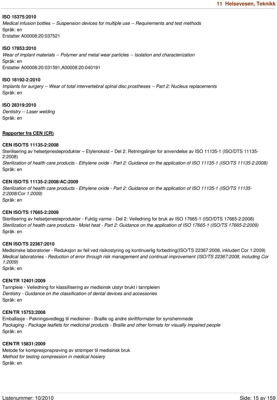 spinal disc prostheses -- Part 2: Nucleus replacements ISO 28319:2010 Dentistry -- Laser welding Rapporter fra CEN (CR) CEN ISO/TS 11135-2:2008 Sterilisering av helsetjenesteprodukter Etylenoksid Del