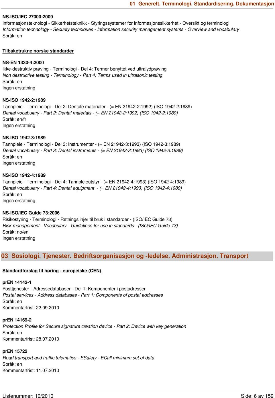 Information security management systems - Overview and vocabulary Tilbaketrukne norske standarder NS-EN 1330-4:2000 Ikke-destruktiv prøving - Terminologi - Del 4: Termer benyttet ved ultralydprøving