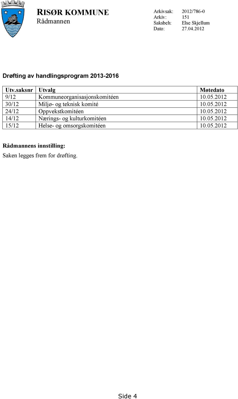 saksnr Utvalg Møtedato 9/12 Kommuneorganisasjonskomitéen 1.5.212 3/12 Miljø- og teknisk komité 1.5.212 24/12 Oppvekstkomitéen 1.