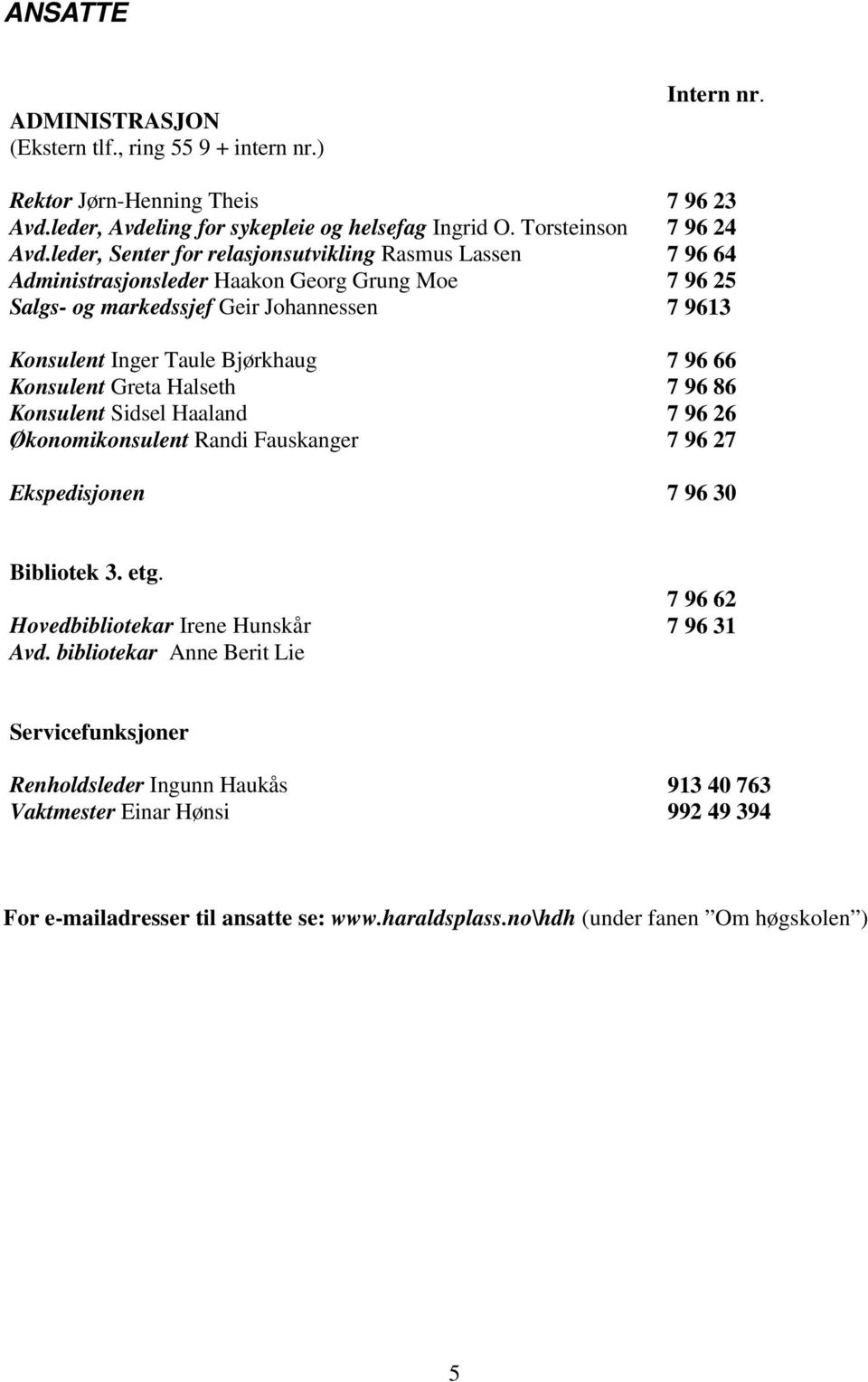 Konsulent Sidsel Haaland Økonomikonsulent Randi Fauskanger Ekspedisjonen Intern nr. 7 96 23 7 96 24 7 96 64 7 96 25 7 9613 7 96 66 7 96 86 7 96 26 7 96 27 7 96 30 Bibliotek 3. etg.