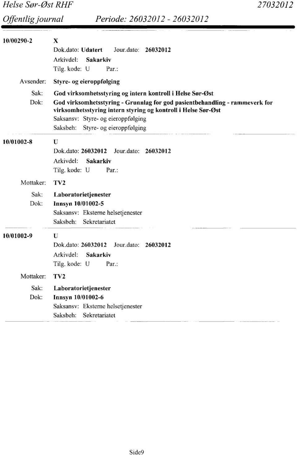 pasientbehandling - rammeverk for virksomhetsstyring intern styring og kontroll i Helse Sør-Øst Saksansv: Saksbeh: Styre- og eieroppfølging Styre- og