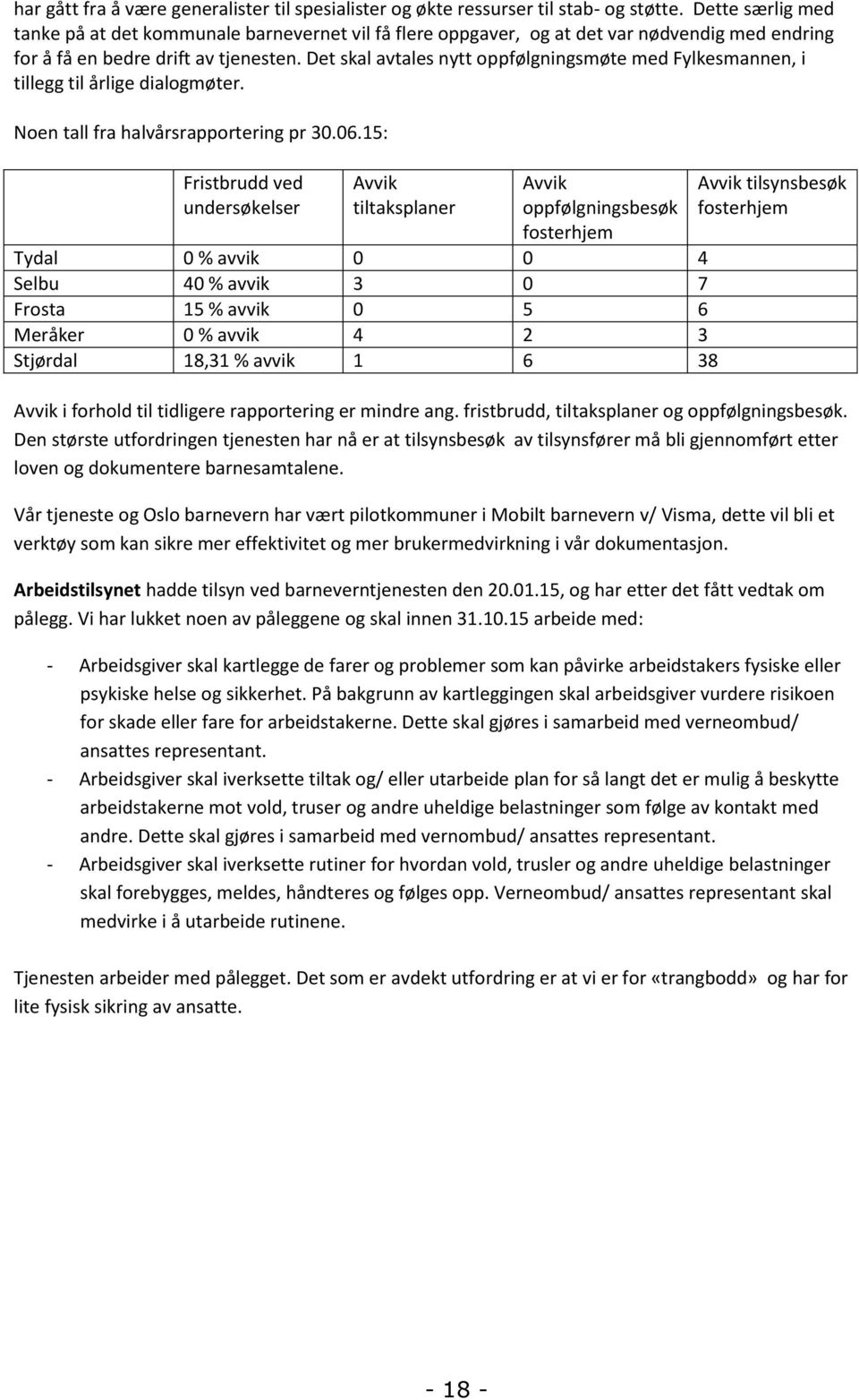 Det skal avtales nytt oppfølgningsmøte med Fylkesmannen, i tillegg til årlige dialogmøter. Noen tall fra halvårsrapportering pr 30.06.