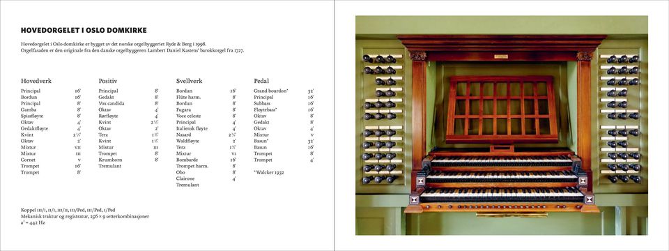 Hovedverk Positiv Svellverk Pedal Principal 16' Bordun 16' Principal 8' Gamba 8' Spissfløyte 8' Oktav 4' Gedaktfløyte 4' Kvint 2 2 ₃' Oktav 2' Mixtur vii Mixtur iii Cornet v Trompet 16' Trompet 8'