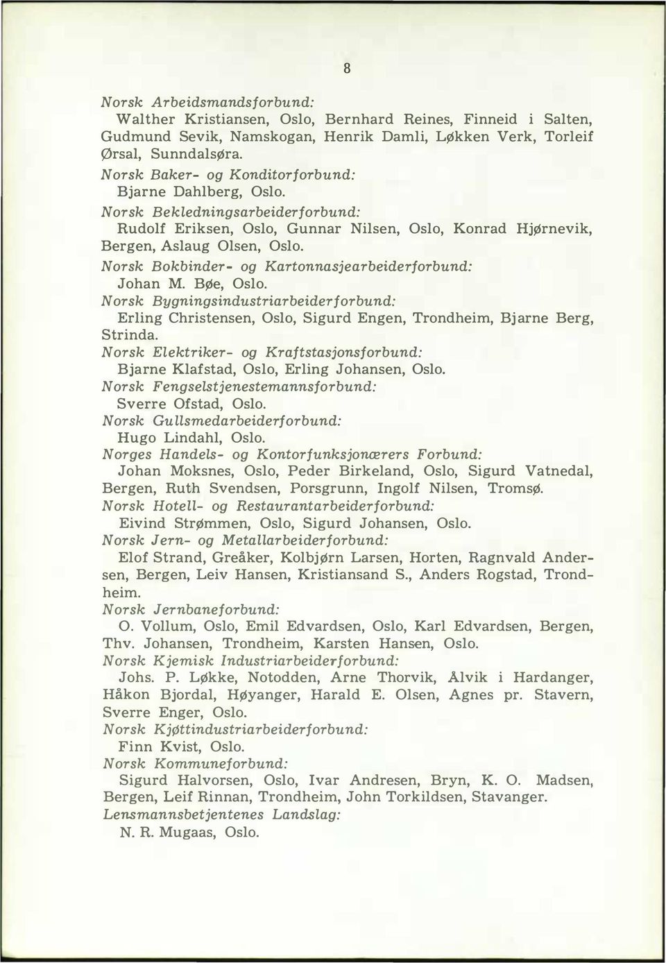 Norsk Bokbinder og Kartonnasjearbeiderforbund: Johan M. BØe, Oslo. Norsk Bygningsindustriarbeiderforbund: Erling Christensen, Oslo, Sigurd Engen, Trondheim, Bj arne Berg, Strinda.