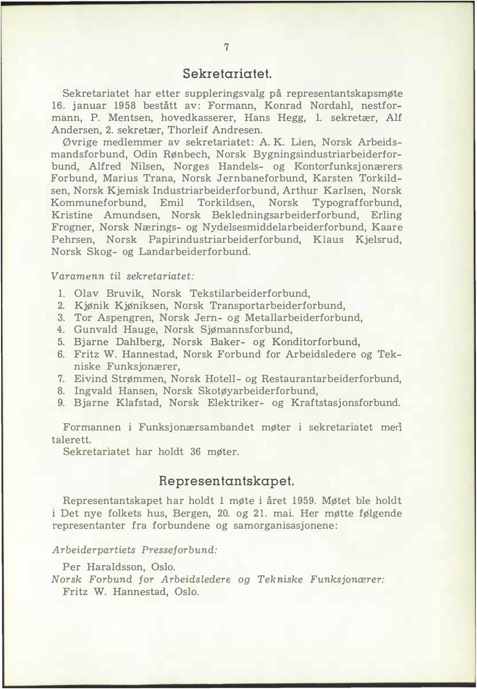 Lien, Norsk Arbeidsmandsforbund, Odin RØnbech, Norsk Bygningsindustriarbeiderforbund, Alfred Nilsen, Norges Handels og Kontorfunksj onærers Forbund, Marius Trana, Norsk Jernbaneforbund, Karsten