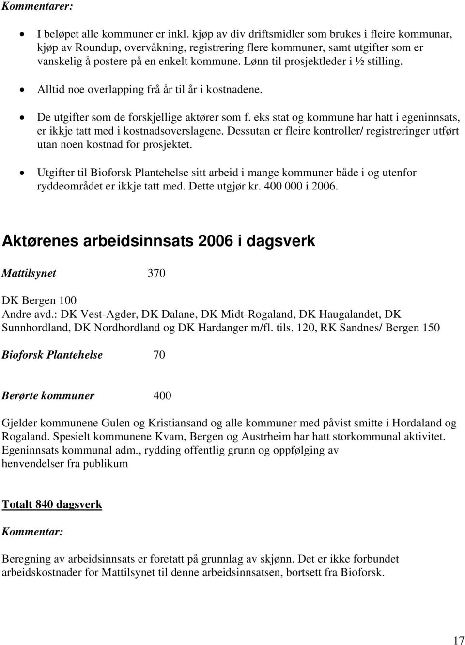 Lønn til prosjektleder i ½ stilling. Alltid noe overlapping frå år til år i kostnadene. De utgifter som de forskjellige aktører som f.