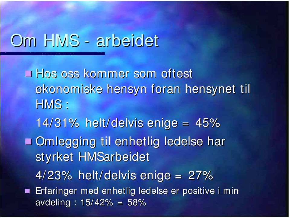 enhetlig ledelse har styrket HMSarbeidet 4/23% helt/delvis enige =