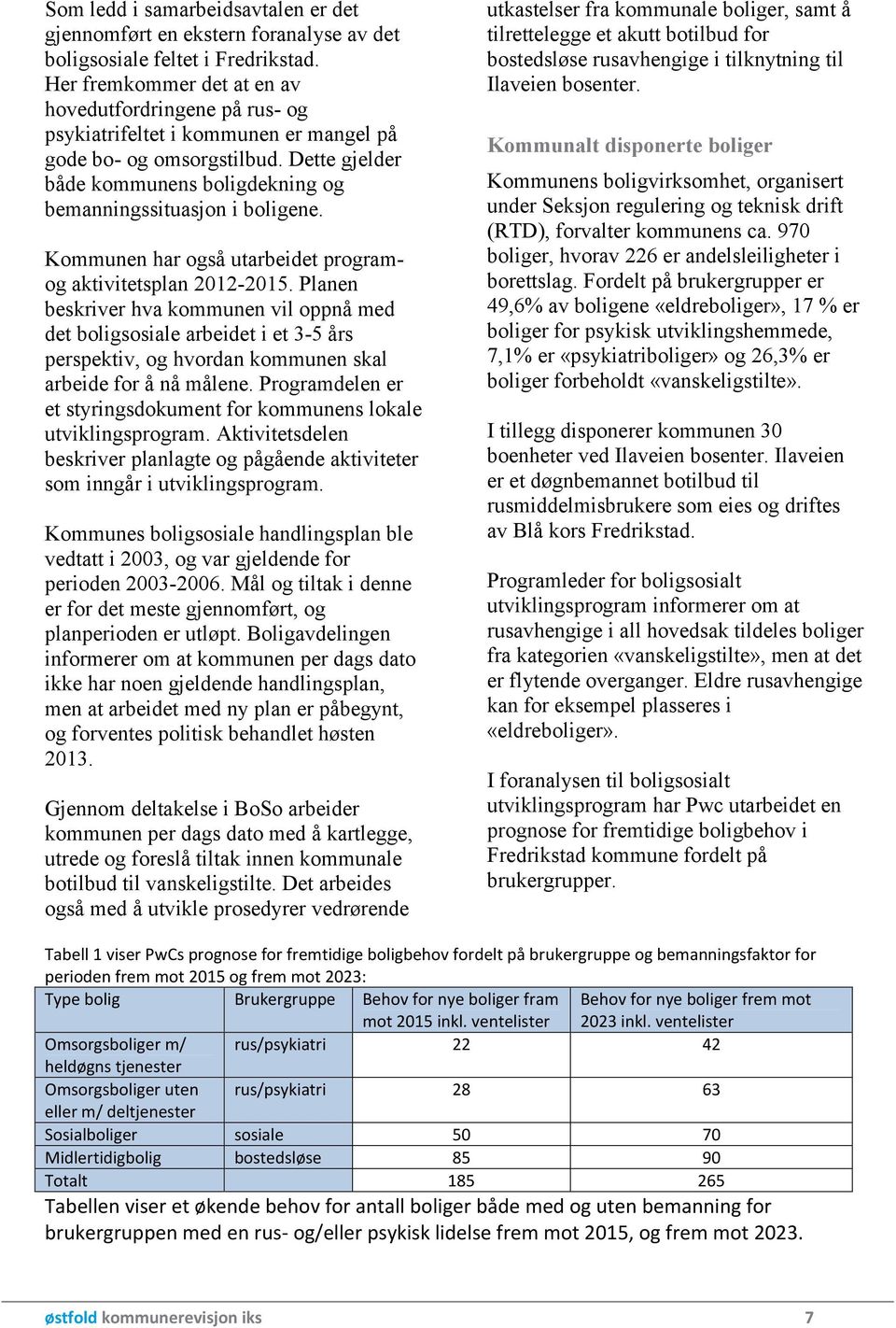 Dette gjelder både kommunens boligdekning og bemanningssituasjon i boligene. Kommunen har også utarbeidet programog aktivitetsplan 2012-2015.