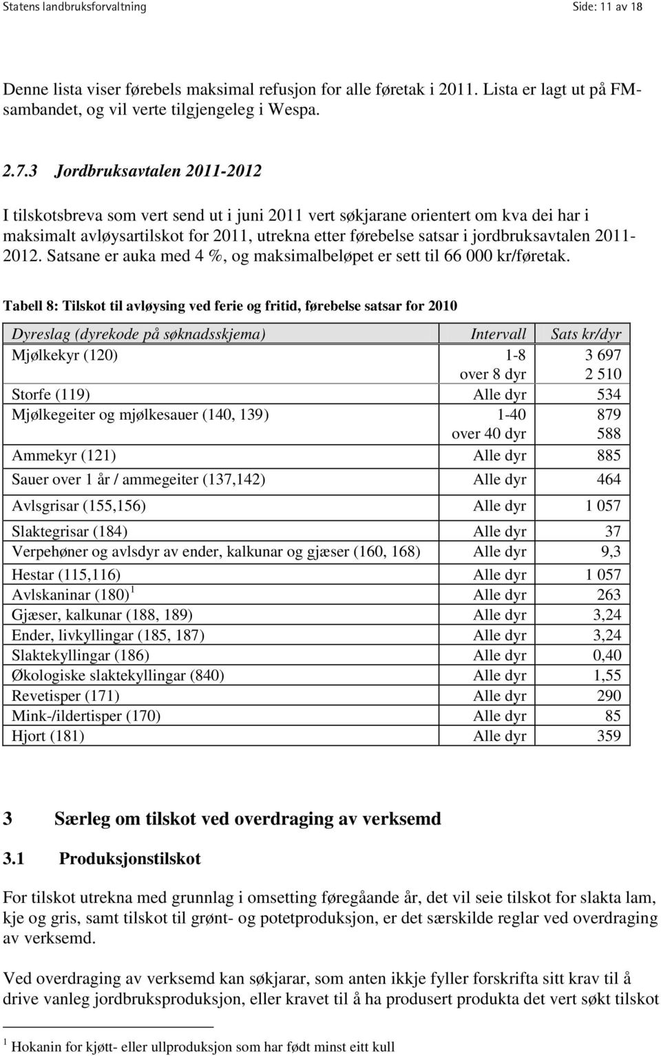 jordbruksavtalen 2011-2012. Satsane er auka med 4 %, og maksimalbeløpet er sett til 66 000 kr/føretak.