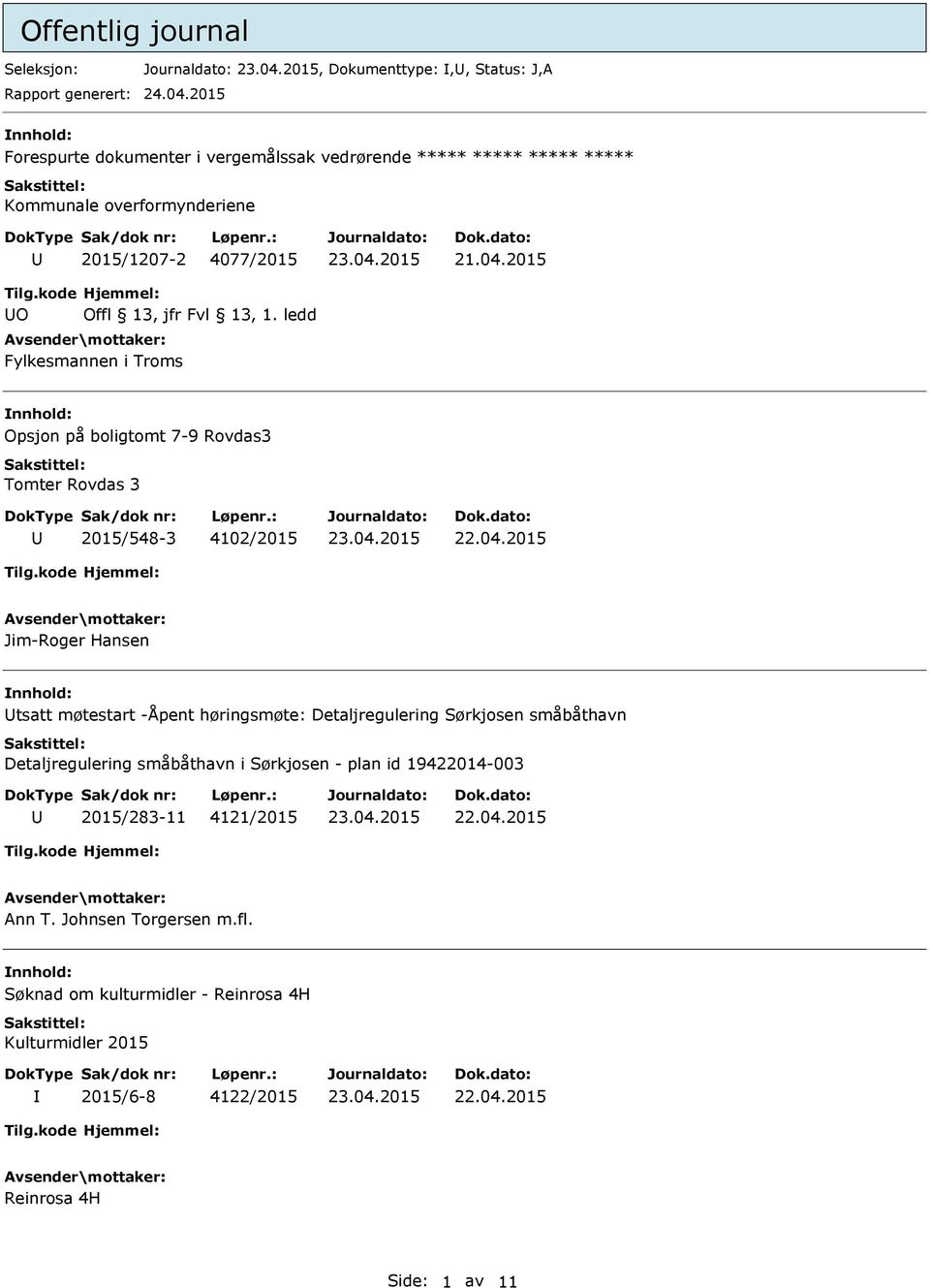 2015 Fylkesmannen i Troms nnhold: Opsjon på boligtomt 7-9 Rovdas3 Tomter Rovdas 3 2015/548-3 4102/2015 Jim-Roger Hansen nnhold: tsatt møtestart -Åpent