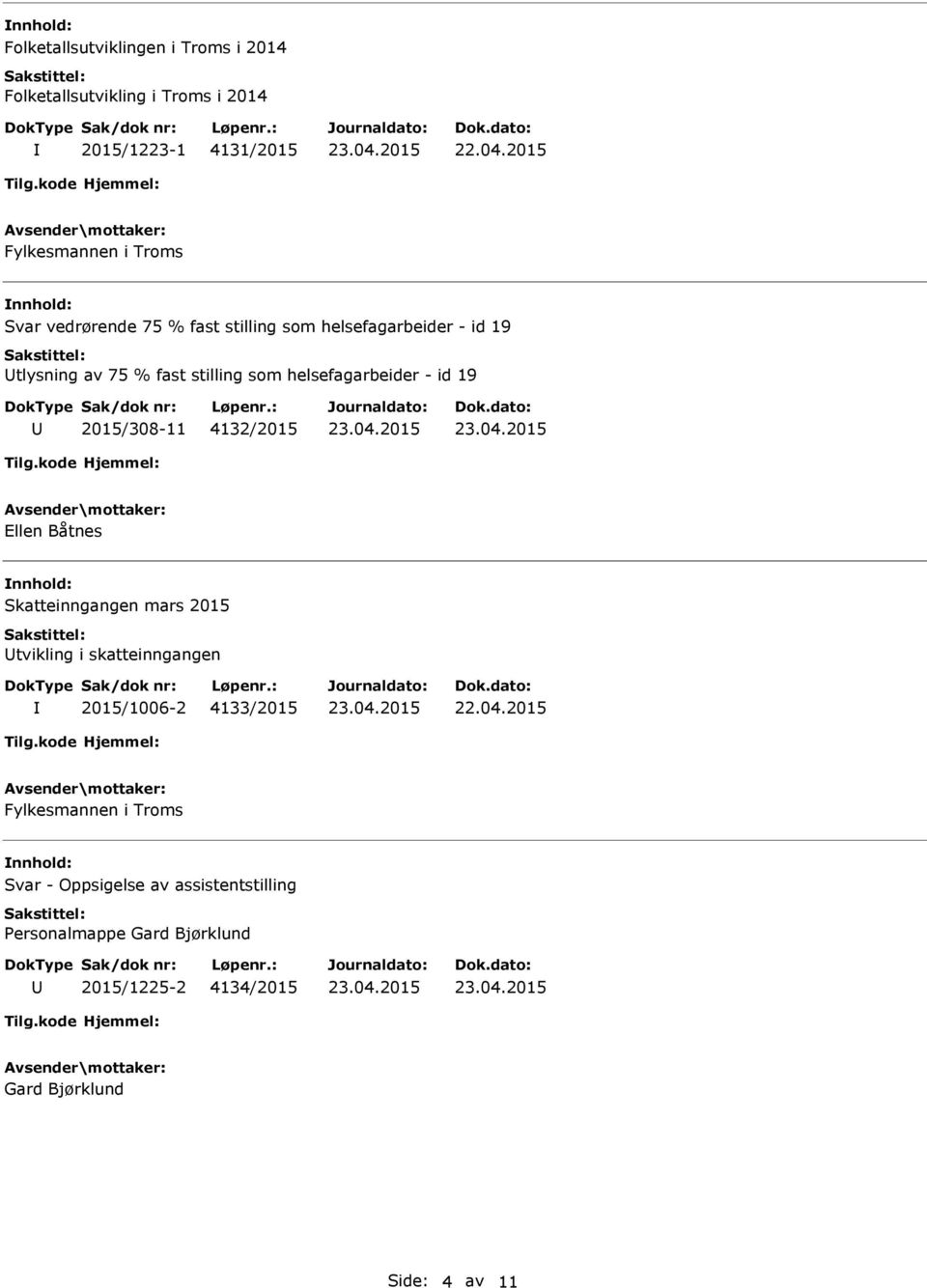 19 2015/308-11 4132/2015 Ellen Båtnes nnhold: Skatteinngangen mars 2015 tvikling i skatteinngangen 2015/1006-2 4133/2015