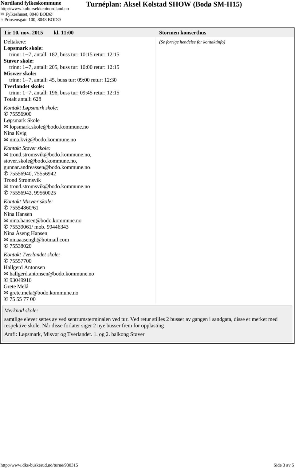 45, buss tur: 09:00 retur: 12:30 Tverlandet skole: trinn: 1 7, antall: 196, buss tur: 09:45 retur: 12:15 Totalt antall: 628 Kontakt Løpsmark skole: 75556900 Løpsmark Skole lopsmark.skole@bodo.kommune.