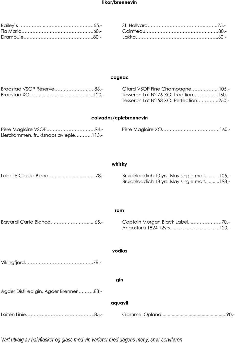 94,- Lierdrammen, fruktsnaps av eple..115,- Père Magloire XO.160,- whisky Label 5 Classic Blend 78,- Bruichladdich 10 yrs. Islay single malt...105,- Bruichladdich 18 yrs.