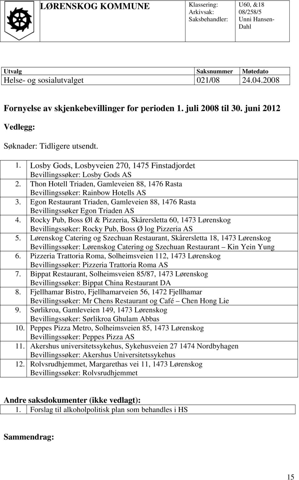 Thon Hotell Triaden, Gamleveien 88, 1476 Rasta Bevillingssøker: Rainbow Hotells AS 3. Egon Restaurant Triaden, Gamleveien 88, 1476 Rasta Bevillingssøker Egon Triaden AS 4.