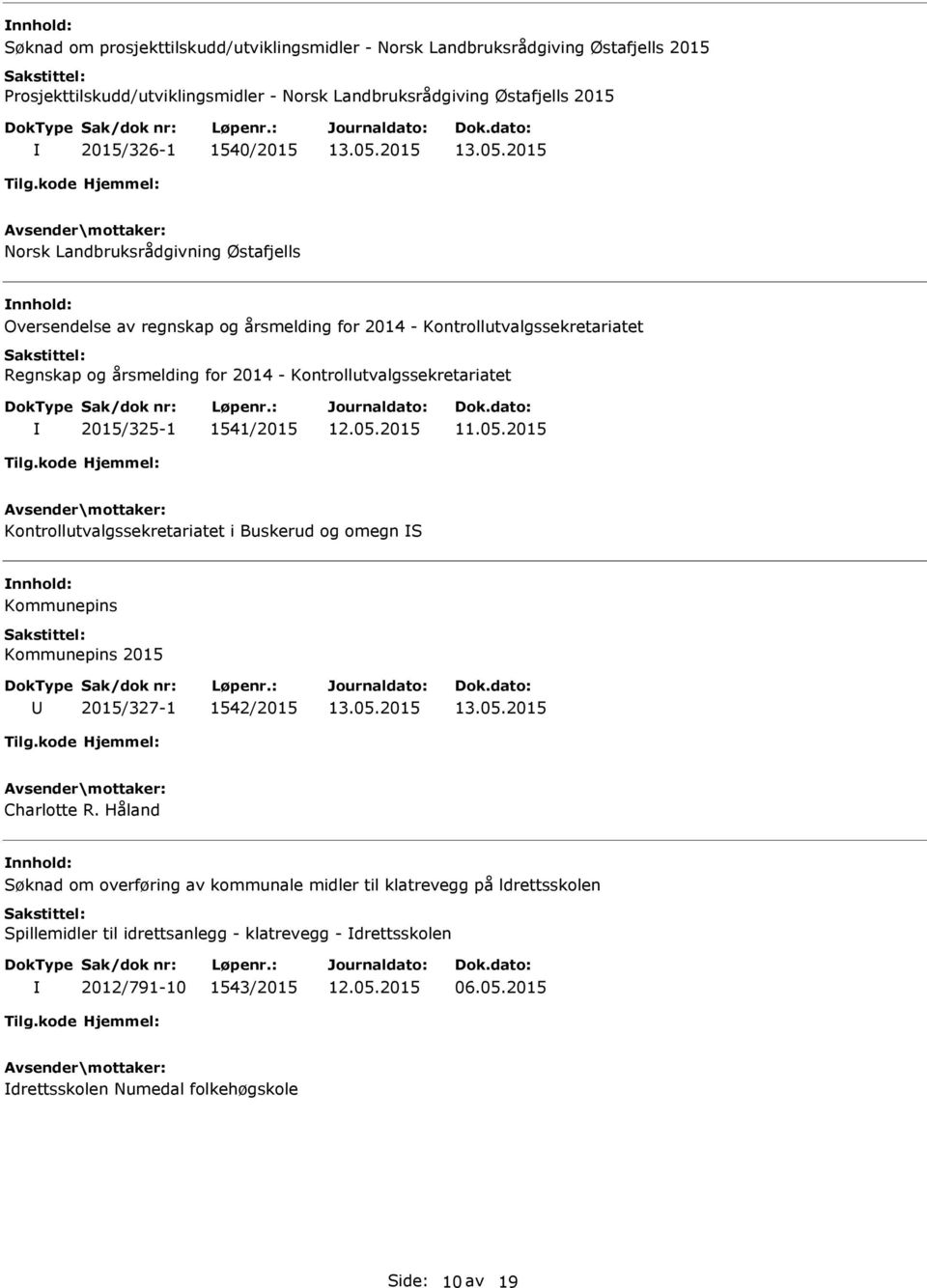 Kontrollutvalgssekretariatet 2015/325-1 1541/2015 Kontrollutvalgssekretariatet i Buskerud og omegn S nnhold: Kommunepins Kommunepins 2015 2015/327-1 1542/2015 Charlotte R.