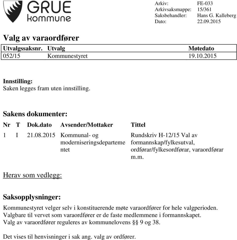 2015 Kommunal- og moderniseringsdeparteme ntet Rundskriv H-12/15 Val av formannskap/fylkesutval, ordførar/fylkesordførar, varaordførar m.m. Kommunestyret velger selv i konstituerende møte varaordfører for hele valgperioden.