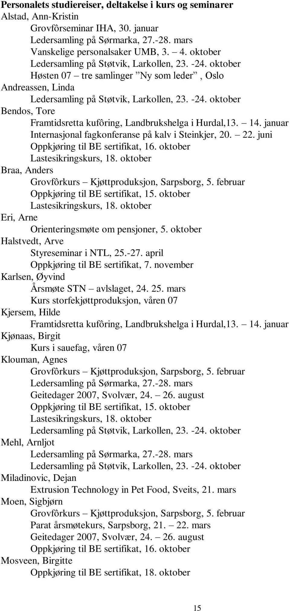 22. juni Oppkjøring til BE sertifikat, 16. oktober Lastesikringskurs, 18. oktober Braa, Anders Grovfôrkurs Kjøttproduksjon, Sarpsborg, 5. februar Oppkjøring til BE sertifikat, 15.