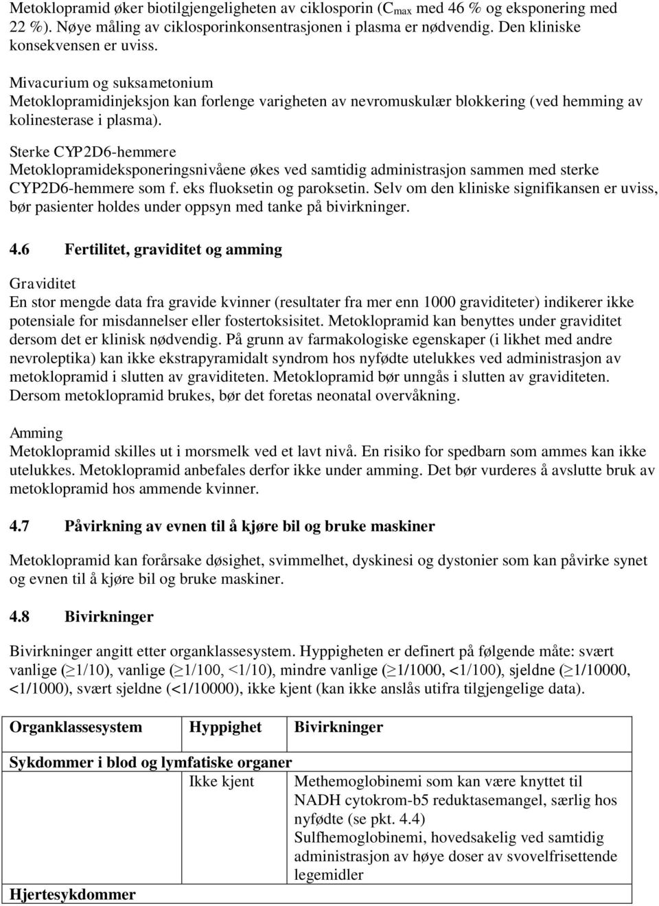 Sterke CYP2D6-hemmere Metoklopramideksponeringsnivåene økes ved samtidig administrasjon sammen med sterke CYP2D6-hemmere som f. eks fluoksetin og paroksetin.