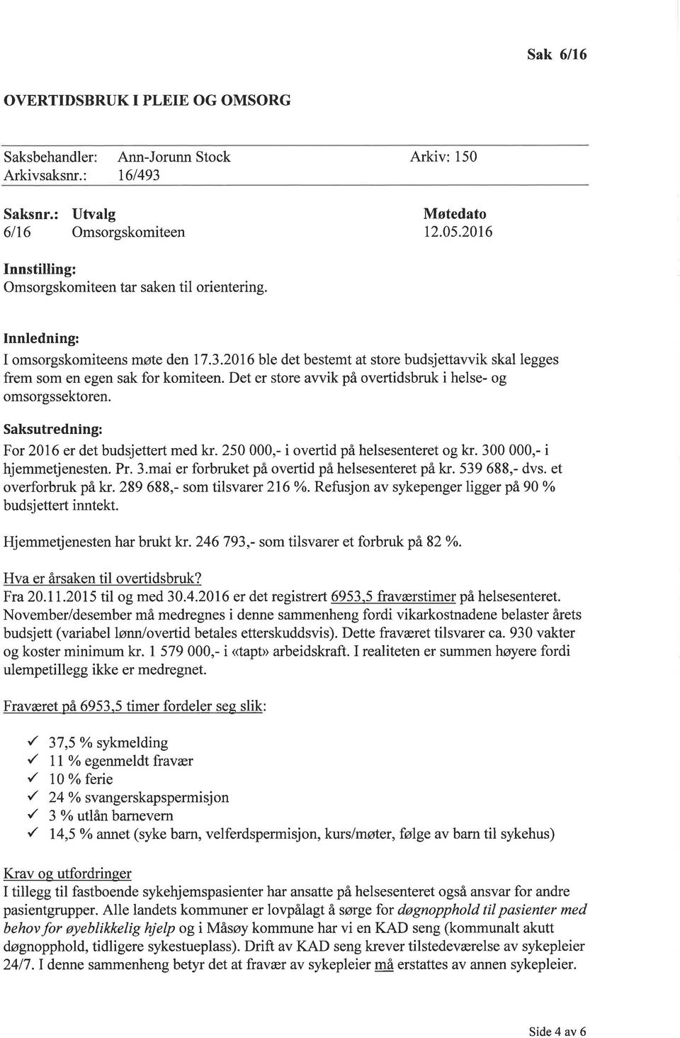 Det er store wik på overtidsbruk i helse- og omsorgssektoren. Sksutredning: For 2016 er det budsjettert med kr. 250 000,- i overtid på helsesenteret og kr. 30