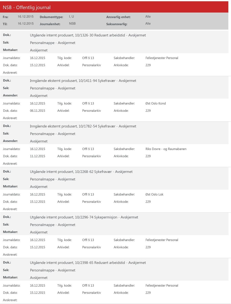 2015 Arkivdel: Personalarkiv Arkivkode: 229 Inngående eksternt produsert, 10/1782-54 Sykefravær - Personalmappe - Riks Dovre - og Raumabanen Dok.