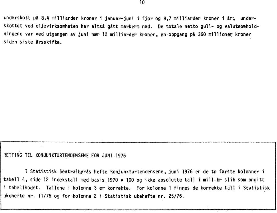 1976 I Statistisk Sentralbyrås hefte Konjunkturtendensene, juni 1976 er de to forste kolonner i tabell 4, side 12 indekstall med basis 1970 F 100 og ikke absolutte tall i mill