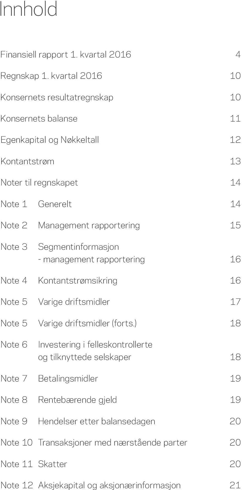 Management rapportering 15 Note 3 Segmentinformasjon - management rapportering 16 Note 4 Kontantstrømsikring 16 Note 5 Varige driftsmidler 17 Note 5 Varige driftsmidler