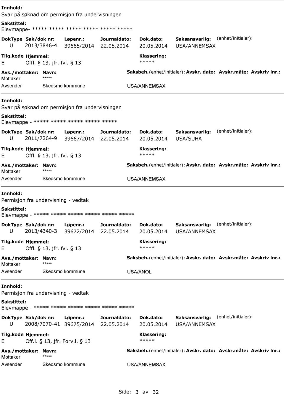 : Mottaker SA/ANNMSAX Permisjon fra undervisning - vedtak levmappe - 2013/4340-3 39672/2014 SA/ANNMSAX Avs./mottaker: Navn: Saksbeh. Avskr. dato: Avskr.måte: Avskriv lnr.