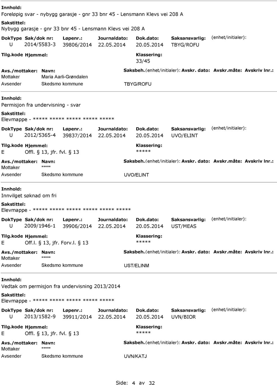 l. 13, jfr. Forv.l. 13 Avs./mottaker: Navn: Saksbeh. Avskr. dato: Avskr.måte: Avskriv lnr.: Mottaker ST/LNM Vedtak om permisjon fra undervisning 2013/2014 levmappe - 2013/1582-9 39911/2014 VN/BOR Avs.