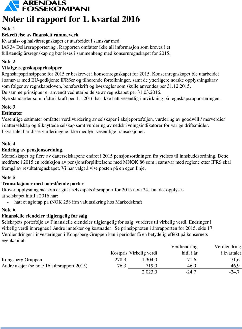 Note 2 Viktige regnskapsprinsipper Regnskapsprinsippene for 2015 er beskrevet i konsernregnskapet for 2015.