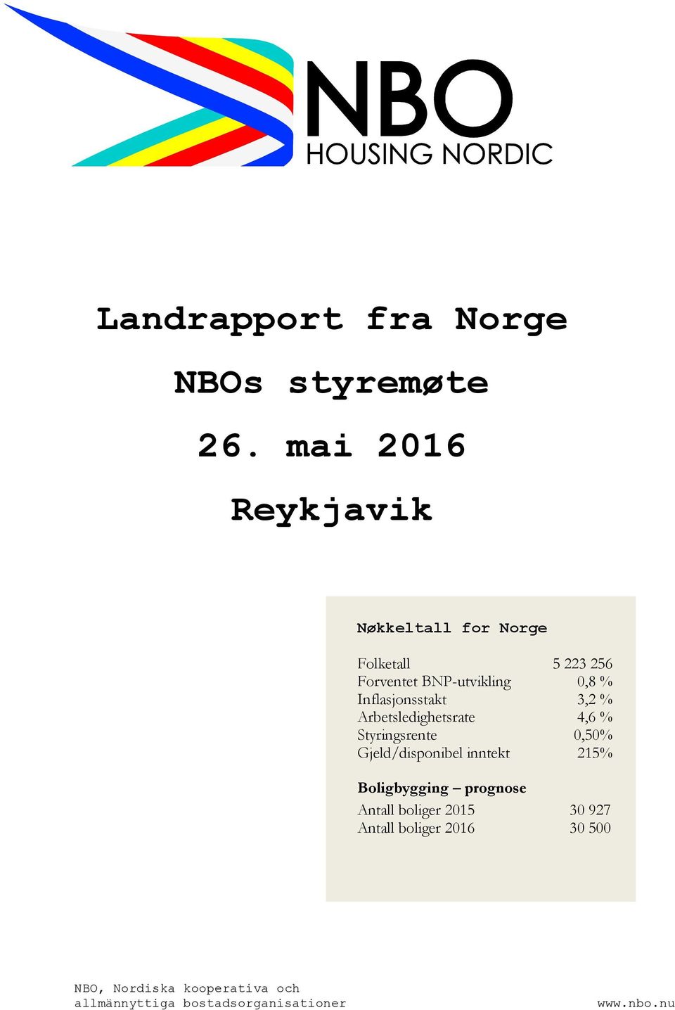 Inflasjonsstakt 3,2 % Arbetsledighetsrate 4,6 % Styringsrente 0,50% Gjeld/disponibel inntekt