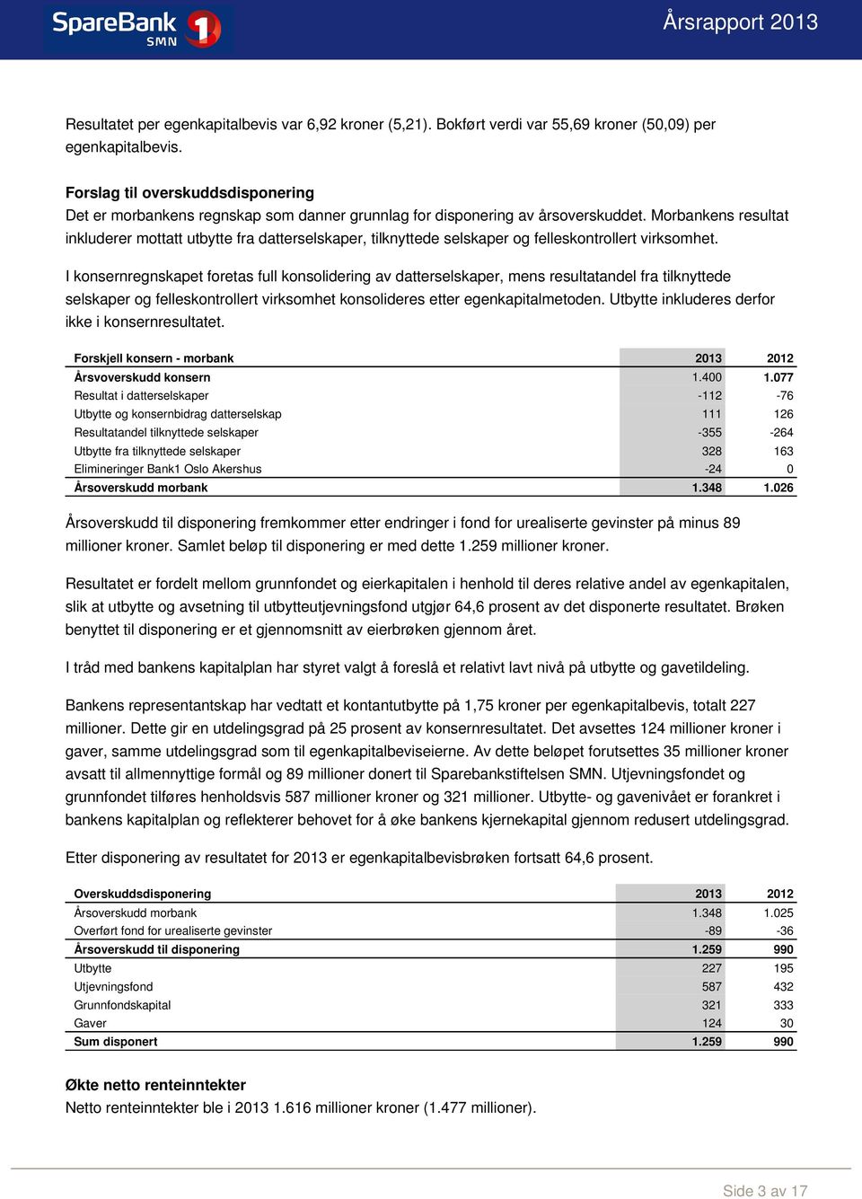 Morbankens resultat inkluderer mottatt utbytte fra datterselskaper, tilknyttede selskaper og felleskontrollert virksomhet.