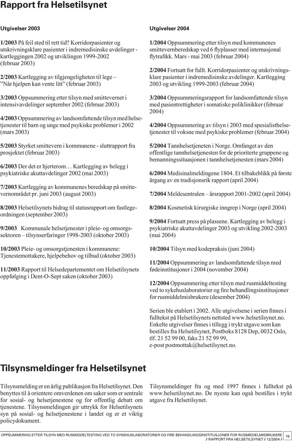 n kan vente litt (februar 2003) 3/2003 Oppsummering etter tilsyn med smittevernet i intensiv avdelinger september 2002 (februar 2003) 4/2003 Oppsummering av landsomfattende tilsyn med helsetjenester