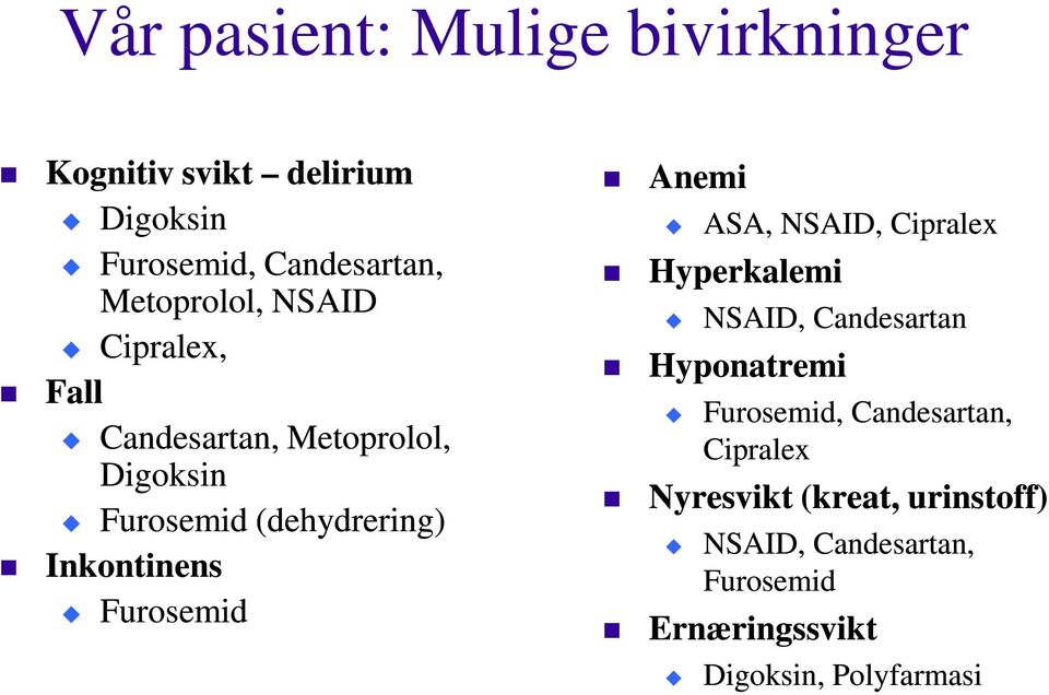 Inkontinens Furosemid Anemi ASA, NSAID, Cipralex Hyperkalemi NSAID, Candesartan Hyponatremi