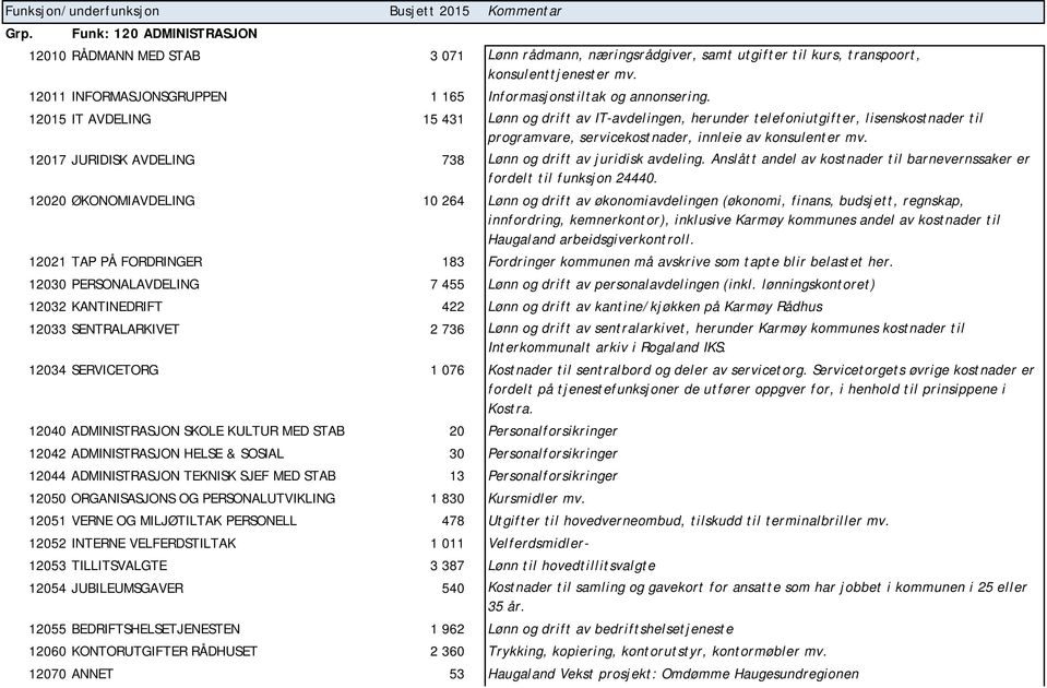 12015 IT AVDELING 15 431 Lønn og drift av IT-avdelingen, herunder telefoniutgifter, lisenskostnader til programvare, servicekostnader, innleie av konsulenter mv.