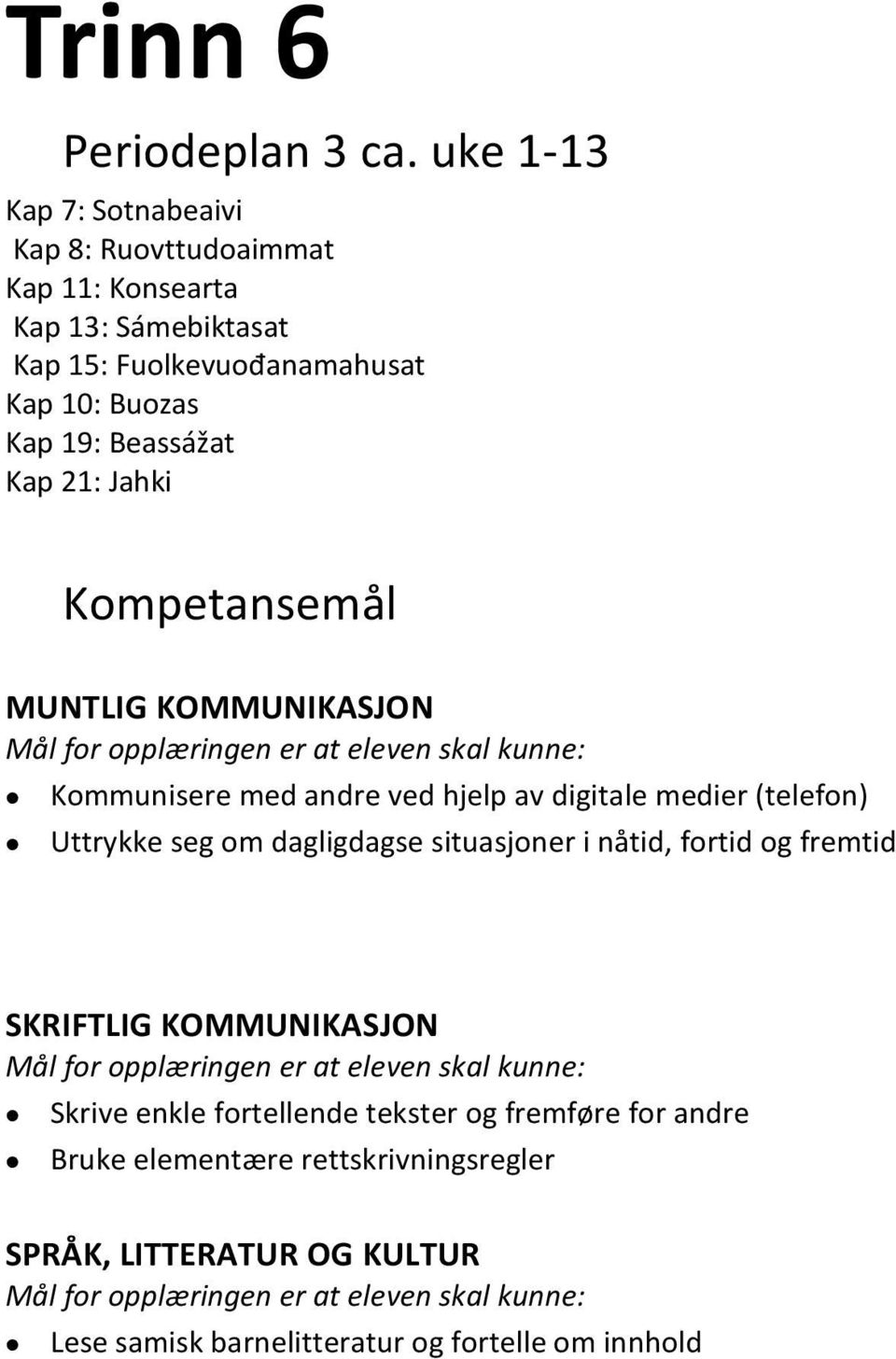 19: Beassážat Kap 21: Jahki Kompetansemål MUNTLIG KOMMUNIKASJON Kommunisere med andre ved hjelp av digitale medier (telefon) Uttrykke seg